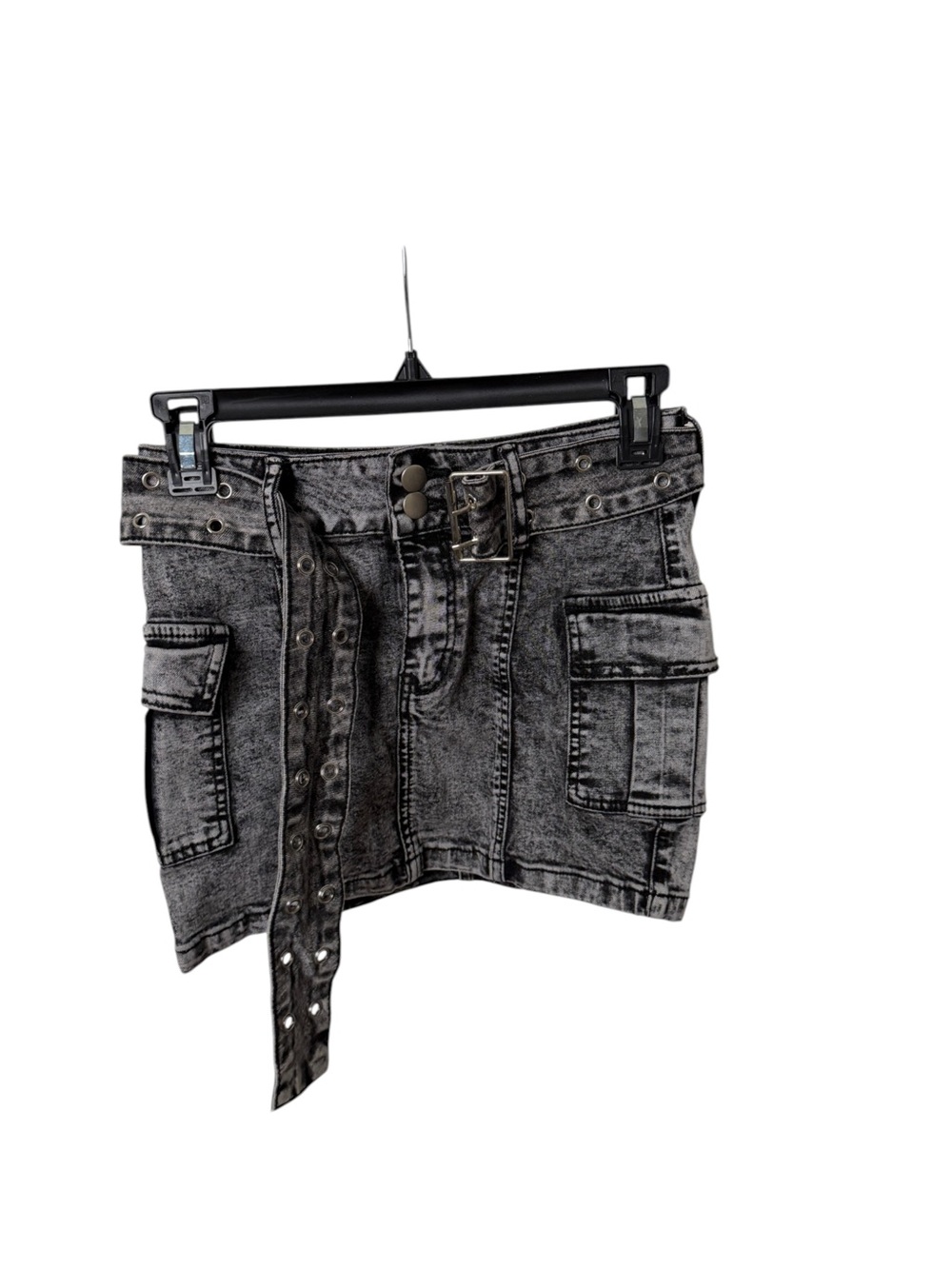 Windsor Washed Black Denim Cargo Mini Shorts with Studded Belt